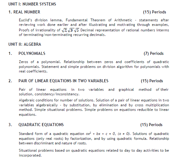 Cbse Class 10 Mathematics Syllabus 2020 2021